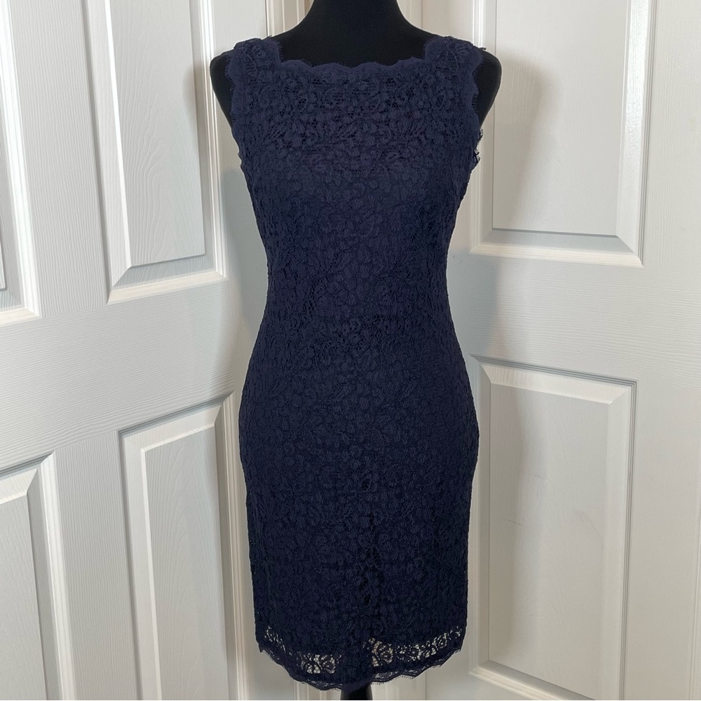 Adrianna Papell Navy Lace Boatneck Deep-V Back Sheath Mini Dress Size 2